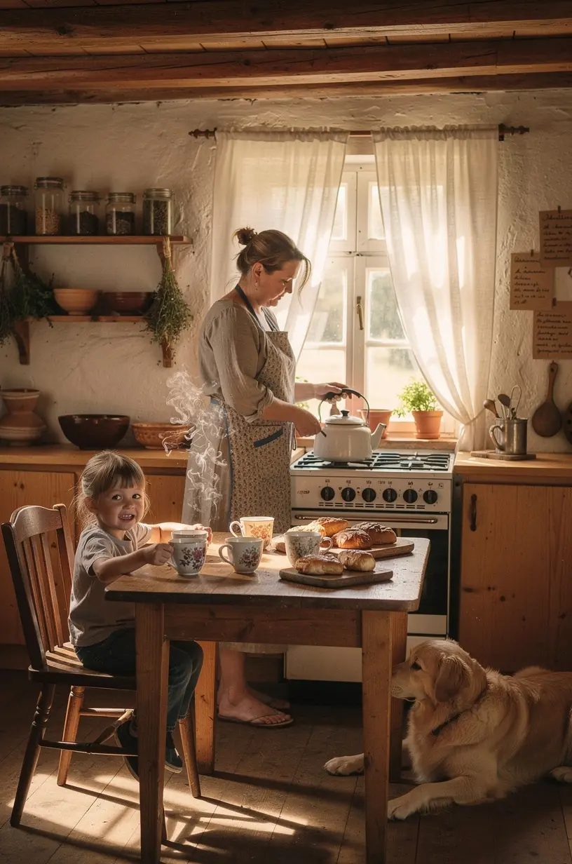 Jaukiai įrengtas svetainės kampelis su pledais ir arbatos servizu, skirtas poilsiui ir komfortui.