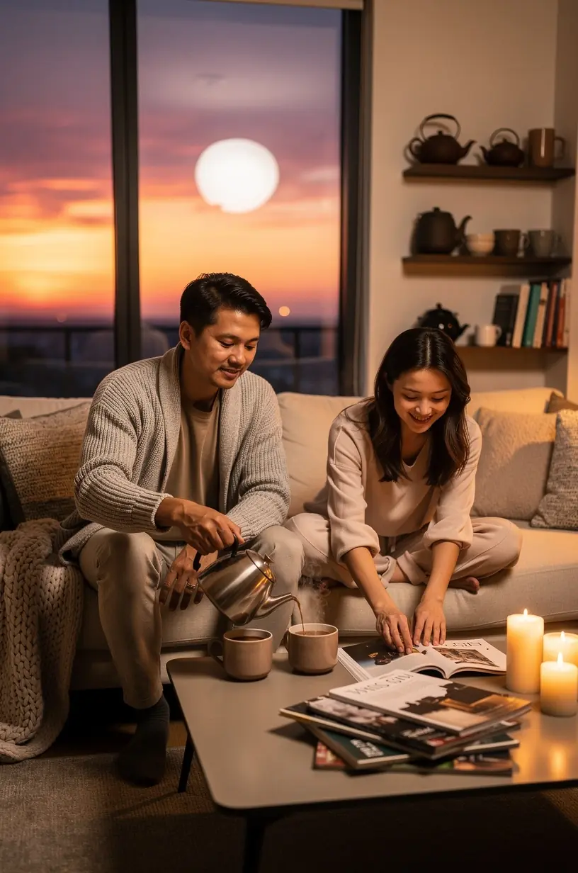 Moters ranka laikanti šiltą arbatos puodelį prie lango, stebinčios saulėtekį ir apmąstančios dienos planus.