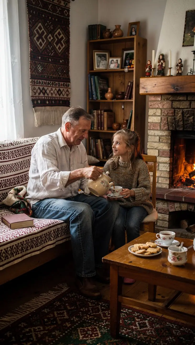 Šiltos arbatos puodelis ant medinio stalo šalia knygų ir žadintuvo, simbolizuojantis ramų dienos ritmą.