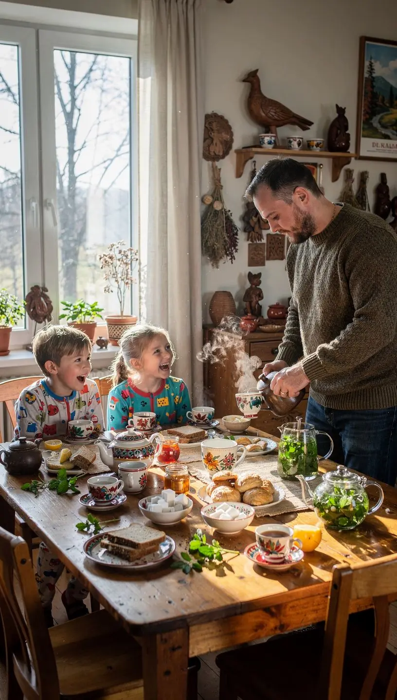 Rankos pilančios karštą žolelių arbatą į stiklinį arbatinuką jaukioje namų aplinkoje.